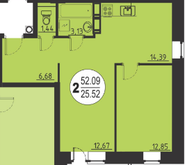 Двухкомнатная квартира 52.09 м²