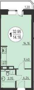 Однокомнатная квартира 32.95 м²