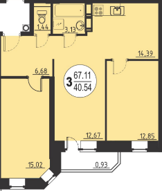 Трёхкомнатная квартира 67.11 м²