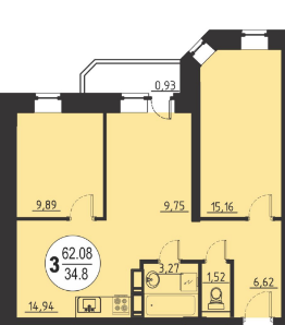 Трёхкомнатная квартира 62.08 м²