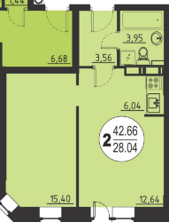 Двухкомнатная квартира 42.66 м²